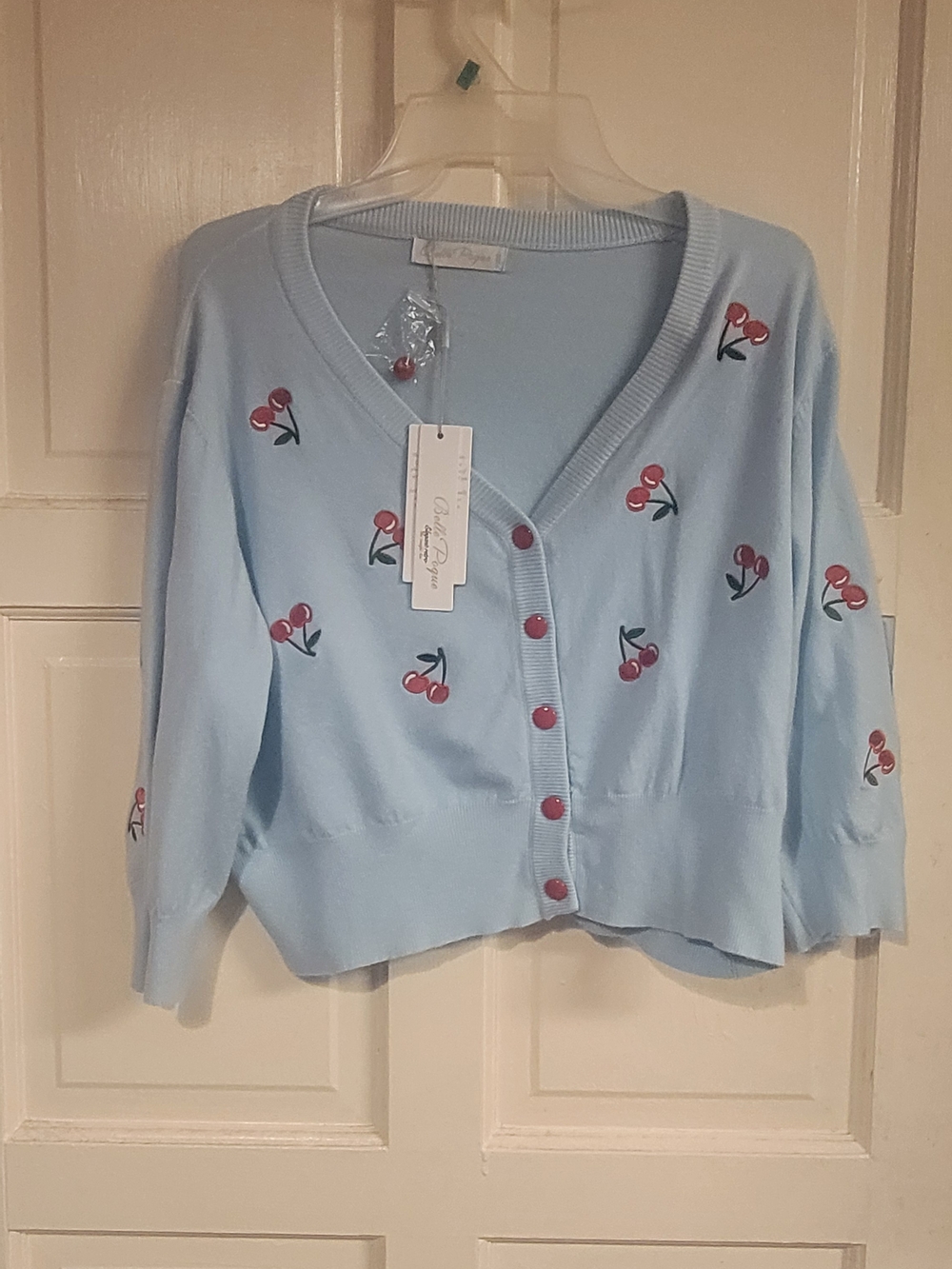 Cherry Embroidered Light Blue Cardigan Sweater